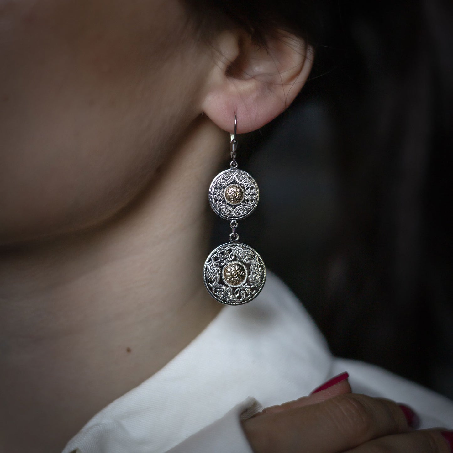 Celtic Warrior Double Disc Drop Earrings with 18K Gold Beads