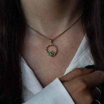 14K Gold Vermeil Green CZ Claddagh Pendant
