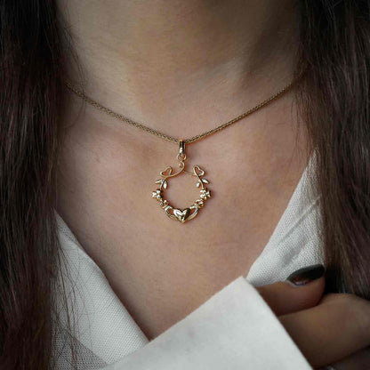 14k Gold Vermeil Shamrock Claddagh Pendant